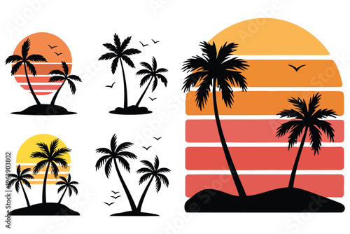 A set of palm trees on an island at sunset isolated on white background, Vector, illustration