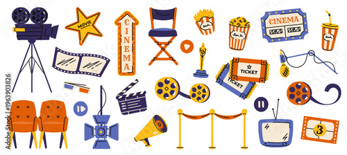 Cinema elements. Movie festival banner with film reel clapper board projector, cartoon cinematography equipment, movie TV cinema icons. Vector set