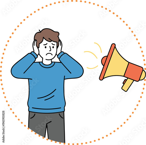 Illustration of person covering ears blocking loud noise from megaphone symbolizing sound sensitivity, discomfort, and noise pollution concept