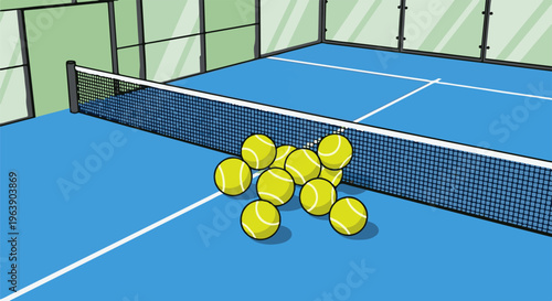A cluster of bright yellow tennis balls rests on a vibrant blue court