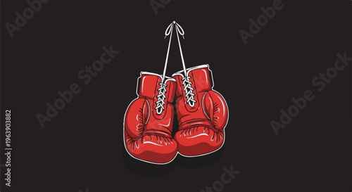 A pair of red boxing gloves hanging by white strings against a dark background