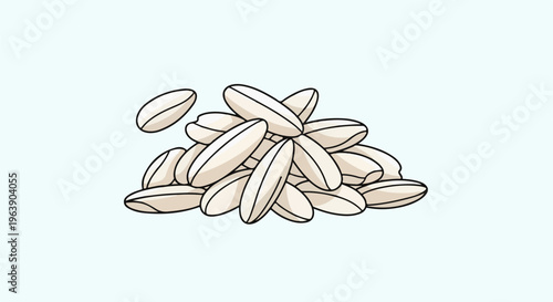 A pile of elongated, light-colored grains on a pale blue background