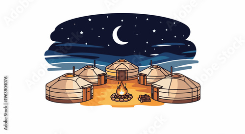 A cluster of nomadic dwellings gathers around a central campfire under a starry night sky