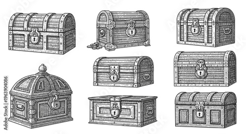 Set of Vintage Wooden Treasure Chests Hand Drawn Illustration
