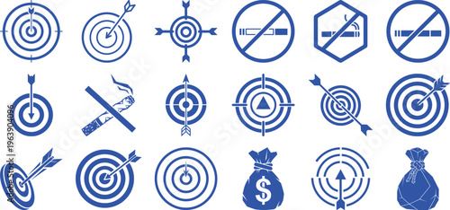 Collection of blue target and no smoking icons isolated on transparent background