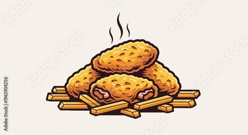 A pile of golden fried chicken pieces sits atop french fries