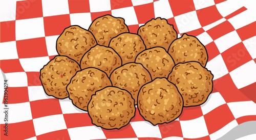 A pile of golden-brown crispy nuggets on a red and white checkered surface