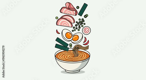 A delicious bowl of ramen noodles with assorted toppings artfully arranged