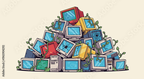 A pile of obsolete computers overgrown with green vines