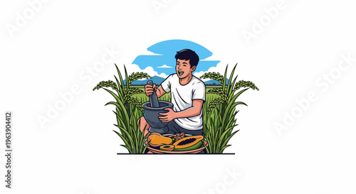 A person happily prepares food with a mortar and pestle in a rice field