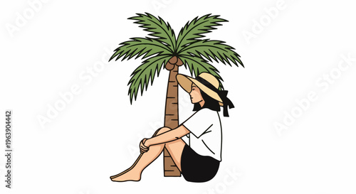 A person in a hat relaxes under a palm tree on a white background