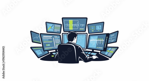 A person in a dark suit sits at a desk, surrounded by multiple computer monitors displaying graphs and data