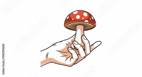 A cartoon hand holds a red and white spotted mushroom between two fingers