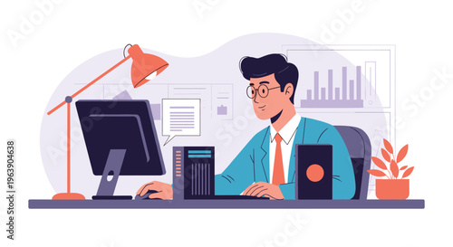 Professional male freelancer working on desktop computer at home office desk surrounded by lamp and financial charts.