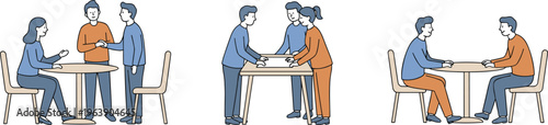 Stylized scenes of people interacting around tables, collaborating, discussing, and communicating in teamwork and professional meeting settings