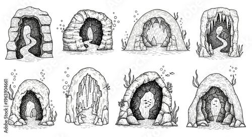 Set of Hand Drawn Underwater Cave Entrances and Sea Grottoes