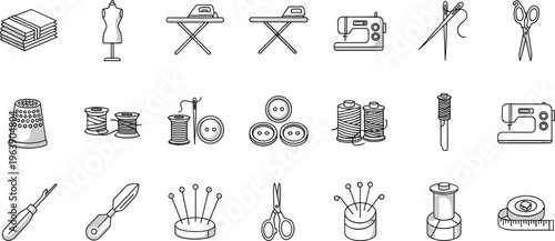 Sewing equipment icons including fabric mannequin ironing board sewing machine needle thread.