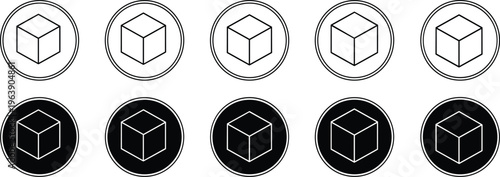 Five isometric cube icons in circles outline and solid black backgrounds for design.