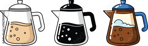 Set of three glass carafes filled with different beverages coffee tea and soapy liquid.