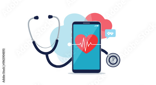 Mobile health concept featuring modern smartphone displaying heartbeat rhythm beside professional medical stethoscope.