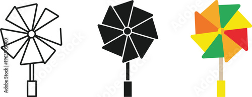 Pinwheel icons outline filled black and colorful showing wind toy for children isolated on transparent background for design.