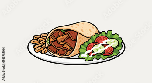 A delicious wrap filled with meat and served with fries and salad