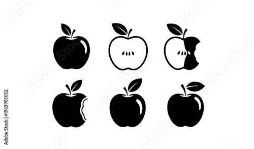 Black apple silhouette icon set with sliced and whole fruit shapes minimalist vector collection for food and health design