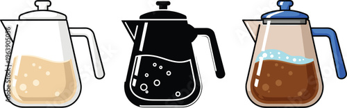 Coffee pot and decanter icons in outline silhouette and flat color with bubbling liquid effect set.