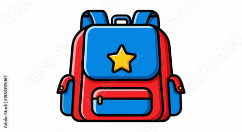 A cartoon illustration of a red and blue backpack with a yellow star