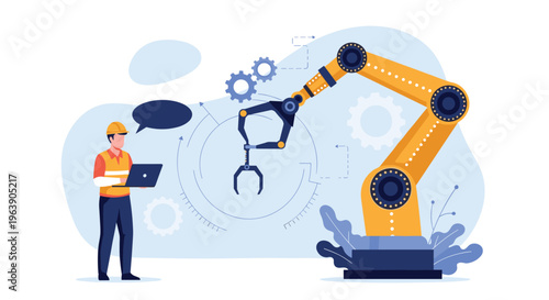 Industrial engineer using laptop to control large yellow robotic arm in factory setting during automation process.
