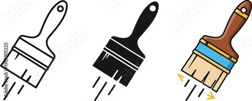 Paint brush tool icon in three different styles including outline silhouette and flat color design.