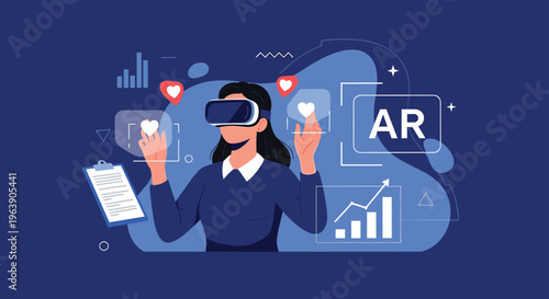 Woman wearing virtual reality headset interacting with floating hearts and bar charts in immersive digital world.