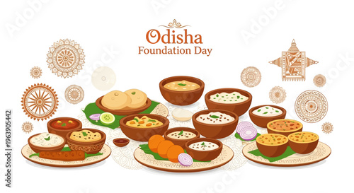 Illustration of traditional Odisha dishes on plates with decorative elements celebrating Odisha Foundation Day in a festive and cultural setting.