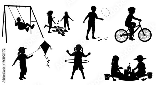 Children Playing Various Outdoor Activities Silhouettes.