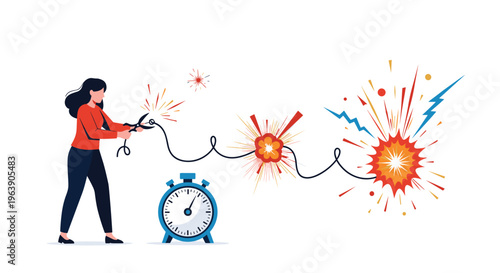 Woman using scissors to cut fuse cord of ticking bomb next to alarm clock illustrating stress and deadlines.
