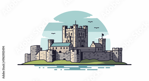 A detailed flat illustration of a medieval castle with towers and walls on a grassy island