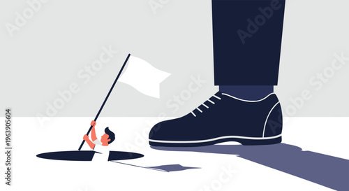 Tiny man in a hole waving white flag of surrender while being stepped on by giant corporate business shoe.