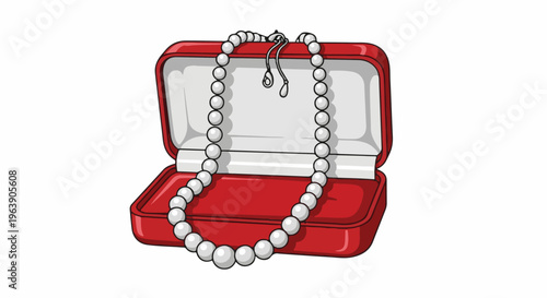 A pearl necklace rests in an open red jewelry box