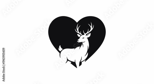 A minimalist black heart shape frames a white deer silhouette