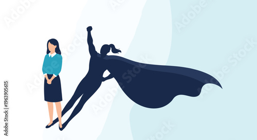 Confident businesswoman standing proudly while her shadow takes the form of powerful flying female superhero.