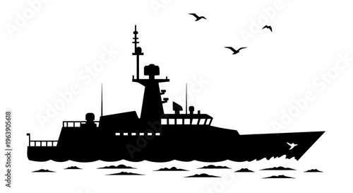 Navy Warship Silhouette Illustration on White Background.