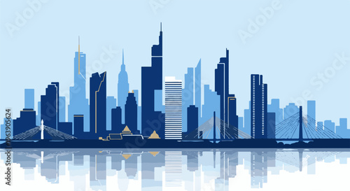 A minimalist blue and gold cityscape with a mirrored reflection
