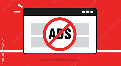 Browser window with no ads sign on red background vector illustration.
