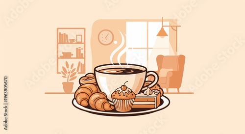 A cozy scene with a hot coffee, pastries, and a comfy armchair