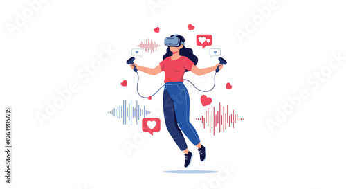 Young woman wearing VR goggles floating among red heart icons in immersive virtual reality social experience.