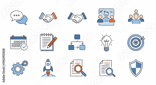 Business and Strategy Icons - Communication, Collaboration, Planning, and Innovation.