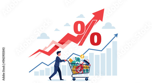 Male shopper pushing cart full of items next to rising red percentage arrow and financial bar chart for sales.