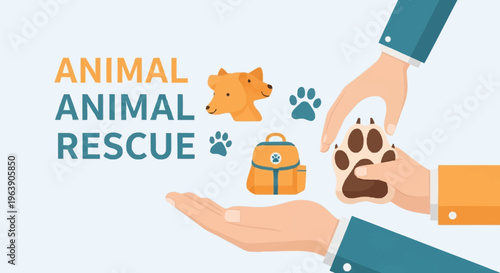 Animal Rescue Illustration with Paw Prints and Care Items.