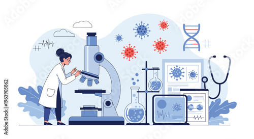 Female scientist in lab coat using microscope to study viruses and DNA structures for medical breakthrough.