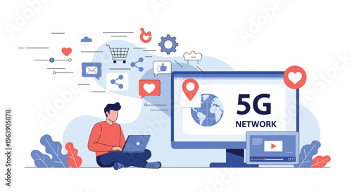Young man using laptop while sitting near giant monitor displaying 5G network globe and social media icons.